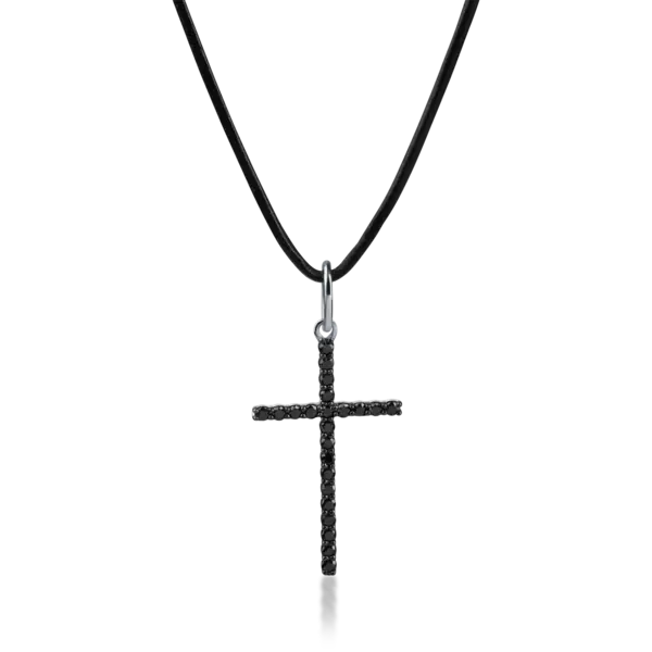 Lant textil cu pandantiv cruce din aur alb cu diamante negre de 0.9ct pentru barbati
