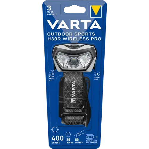 Lanterna LED frontala reincarcabila Varta Outdoor Sports H30R Wireless Pro, 400 lm, IPX7, acumulator 1800 mAh