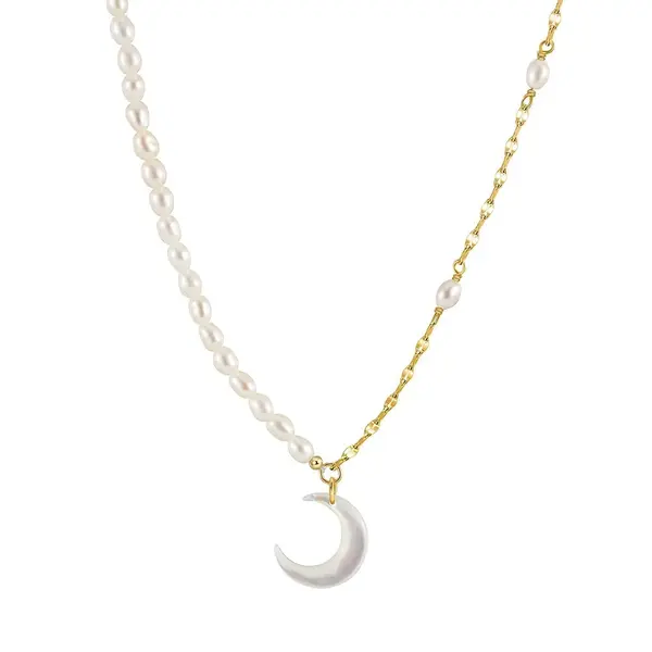 Lantisor argint 925, JW1722, model semiluna si perle, placat cu aur