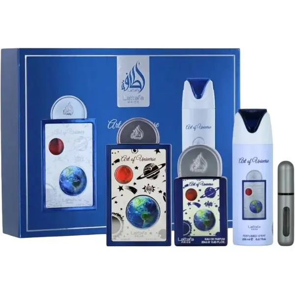 Lattafa Pride Art Of Universe Set cadou unisex Volum EDP ​​100 ml + EDP 20 ml + deodorant spray 200 ml + reumplere