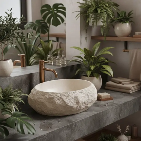 Lavoar baie bej 50x38 cm, oval, imitatie piatra, Rea Mika