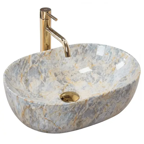Lavoar baie pe blat oval 48 cm, ceramica sanitara, finisaj lucios, imitatie piatra 48 x 34,5 cm