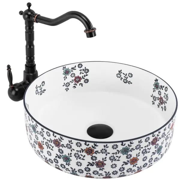 Lavoar cu montare pe balt 36 cm cu model floral multicolor, rotund, Rea Stefania Fiori