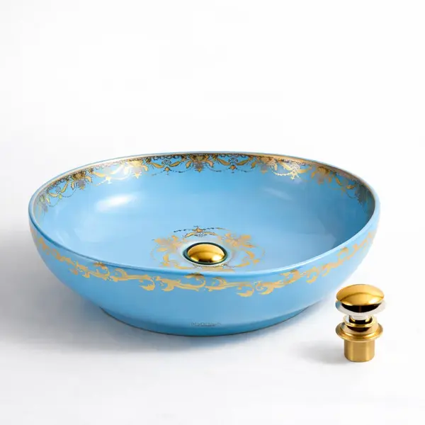 Lavoar Oval de Baie pe Blat BisDesign , Ceramica Albastru cu Decor Auriu, Design Luxury, cu Ventil Ceramic Auriu Inclus - 515 400 130 mm