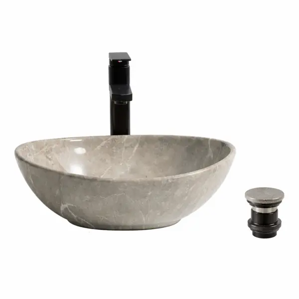 Lavoar Oval de Baie pe Blat BisDesign , Ceramica Gri Marmorat, Design Elegant, cu Ventil Ceramic Inclus - 345 265 120 mm