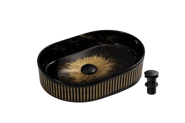 Lavoar Oval de Baie pe Blat BisDesign , Ceramica Negru Lucios cu Decor Auriu Artistic, Design Luxury Statement, cu Ventil Negru Inclus - 490 310