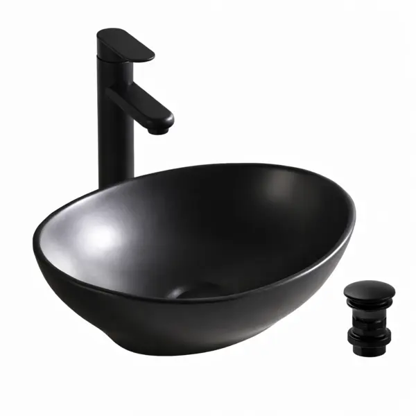 Lavoar Oval de Baie pe Blat BisDesign , Ceramica Negru Mat, Design Modern, cu Ventil Ceramic Inclus - 345 265 120 mm