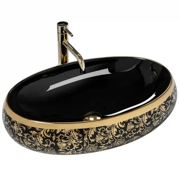 Lavoar oval Rea Meryl, negru auriu, 60 x 40,5 cm