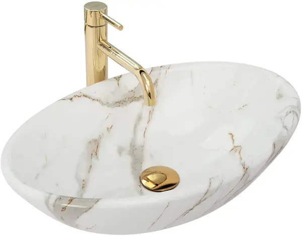 Lavoar oval REA Pamela, ceramica efect marmura, alb auriu, 53 x 33 cm
