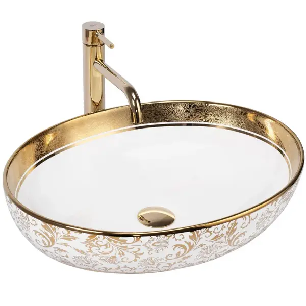 Lavoar pe blat ceramica decorata, alb auriu, oval REA Margot 52x40 cm