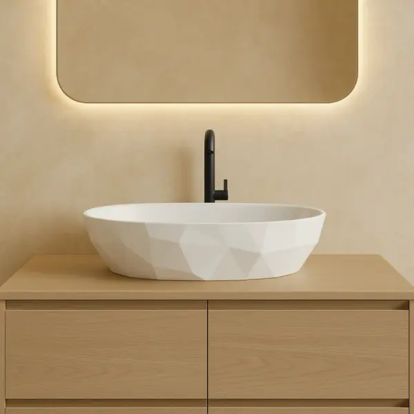 Lavoar pe blat din compozit alb lucios 56 cm, oval, 3D, Foglia Armonia Slim