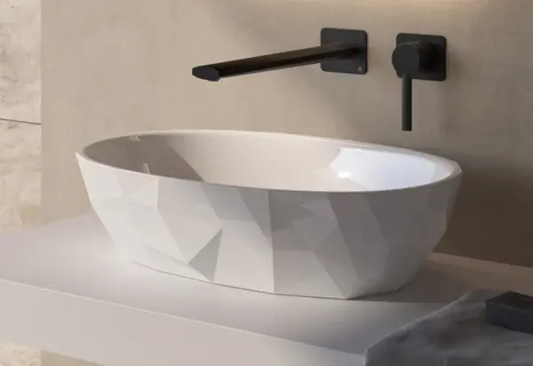 Lavoar pe blat din compozit alb lucios 56 cm, oval, 3D, Marmite Aruba