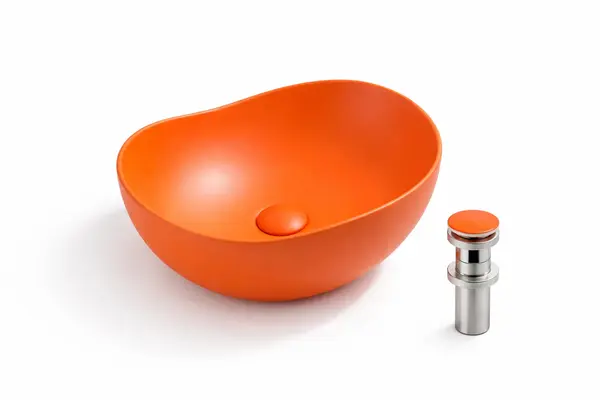 Lavoar Rotund de Baie pe Blat BisDesign , Ceramica Portocaliu Mat, Design Modern Statement, cu Ventil Ceramic Inclus - O 380 170 mm