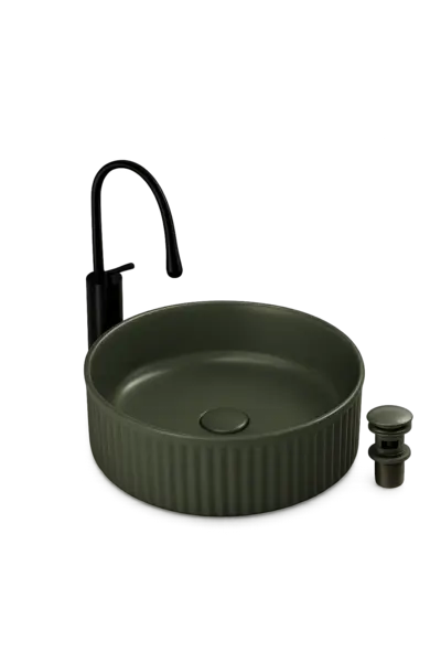 Lavoar Rotund de Baie pe Blat BisDesign , Ceramica Verde Olive Mat, Design Modern, cu Ventil Ceramic Inclus - 370 370 130 mm