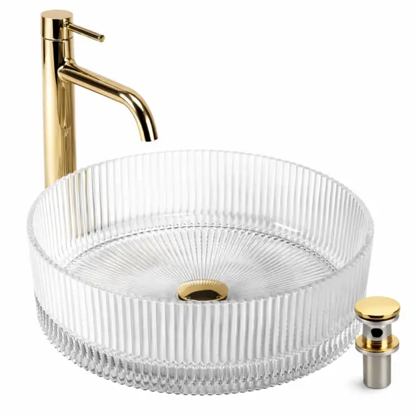 Lavoar Rotund de Baie pe Blat BisDesign , Sticla Transparenta Tip Cristal, Design Luxury, cu Ventil Auriu Inclus - O 360 112 mm