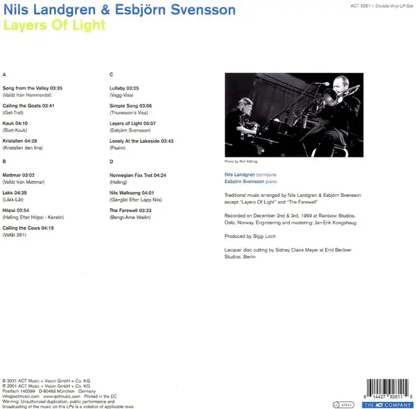 Layers Of Light - Vinyl | Nils Landgren, Esbjorn Svensson