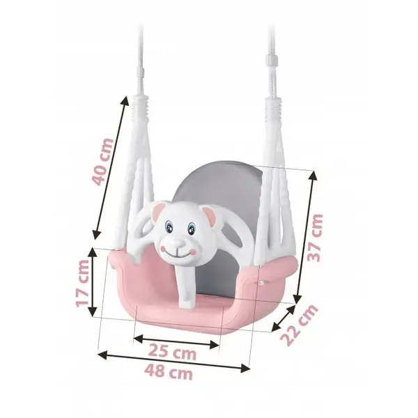Leagan de gradina convertibil 3in1 pentru copii Ricokids Ursulet RozAlb utilizare interiorexterior cu bara de protectie si spatar detasabile,franghii cu dimensiune reglabila,sezut ergonomic,sarcina maxima 30 kg
