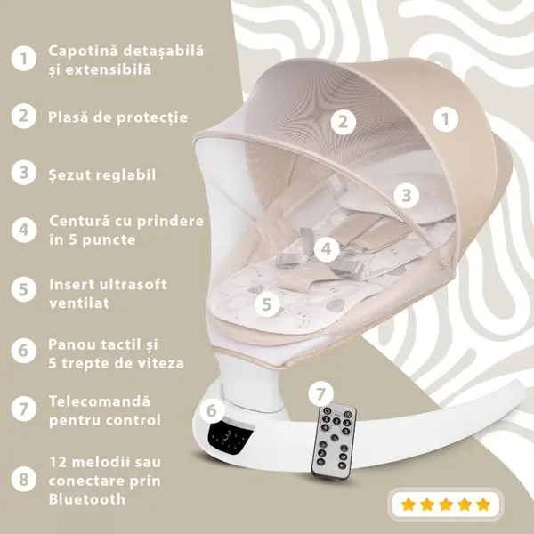Leagan electric pentru bebelusi cu spatar reglabil si senzor de miscare AppeKids Evoque Bubble Beige