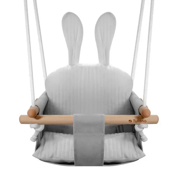 Leagan pentru copii cu structura din lemn si husa din bumbac Tulano Hop 33 Grey Rabbit cu centura de siguranta,spatar,sezut moale, utilizare interiorexterior, greutate admisa 60 kg