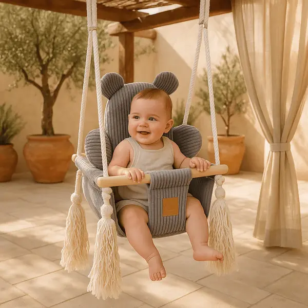 Leagan pentru copii si bebelusi MeowBaby catifea reiata, perna ursulet Aesthetic Grey