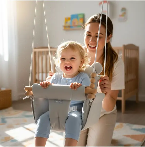 Leagan suspendat pentru bebelusi Malplay Malo Wave Grey, cu pernute confortabile si centuri de siguranta, din panza bumbac, design versatil, varsta 12-36 luni, maxim 60 kg