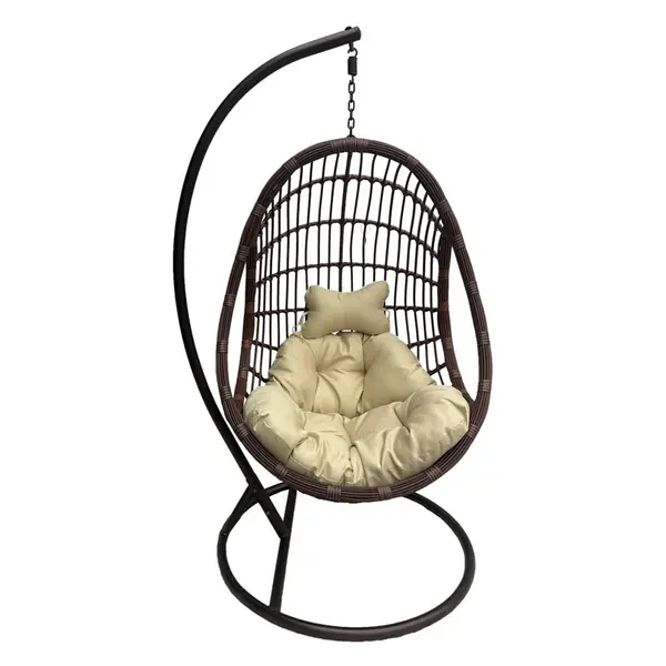 Leagăn tip cuib cu suport Cungo, metal și ratan maro, pernă, bej, 125x105x195 cm