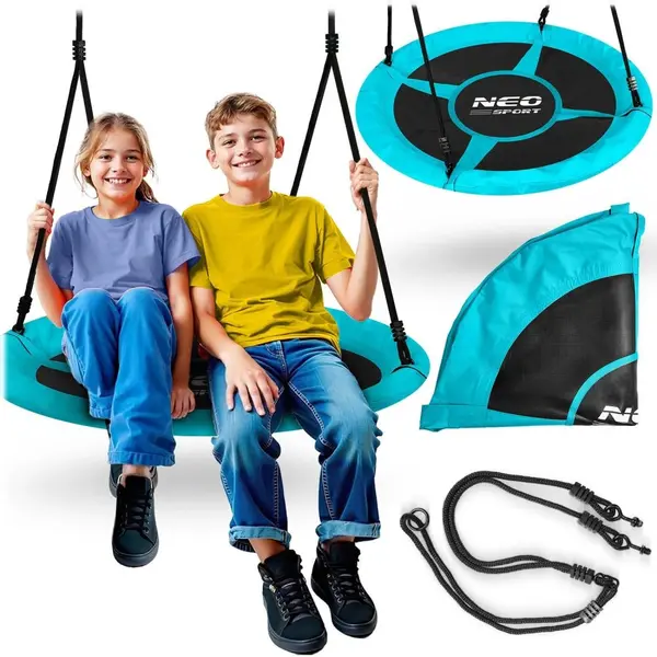 Leagan tip cuib pentru copii Neo-Sport Swingo 100 cm Turquoise cu Cadru din otel, Husa impermeabila si rezistenta Oxford 600D, Greutate suportata 150kg
