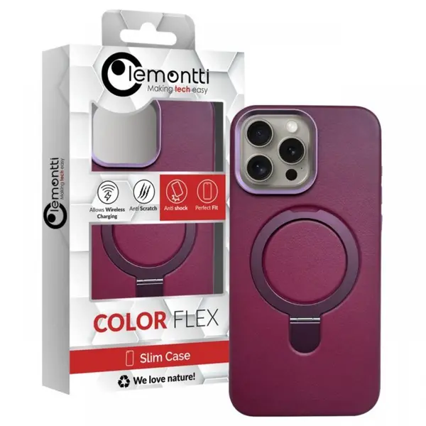 Lemontti Husa Piele MagSafe cu inel stand iPhone 15 Pro Max Visiniu