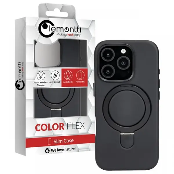 Lemontti Husa Piele MagSafe cu inel stand iPhone 16 Pro Negru