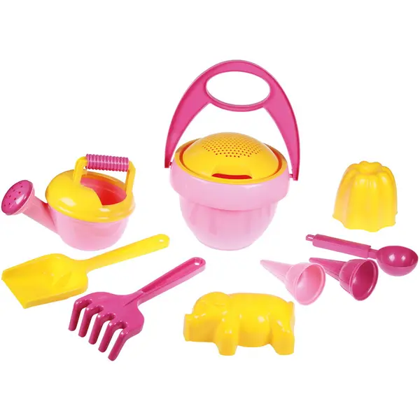 Lena Set jucarii nisip Lena 05421, 10 piese, galeata, lopata, grebla, forme, Roz, Galben