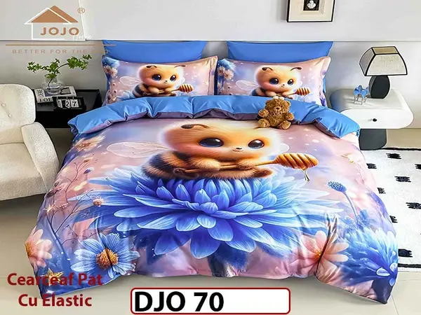 Lenjerie 3D din finet 4 piese 1 Persoana Cearceaf cu Elastec - DJO70