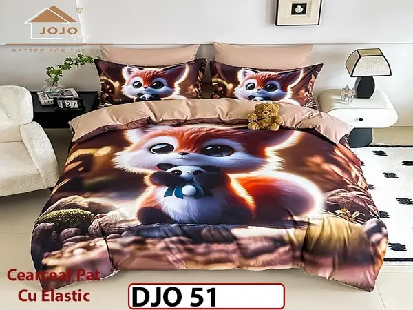 Lenjerie 3D din finet 4 piese 1 Persoana Cearceaf cu Elastec - DJO51