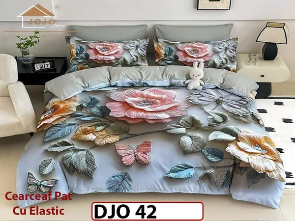 Lenjerie 3D din finet 4 piese 1 Persoana Cearceaf cu Elastec - DJO42