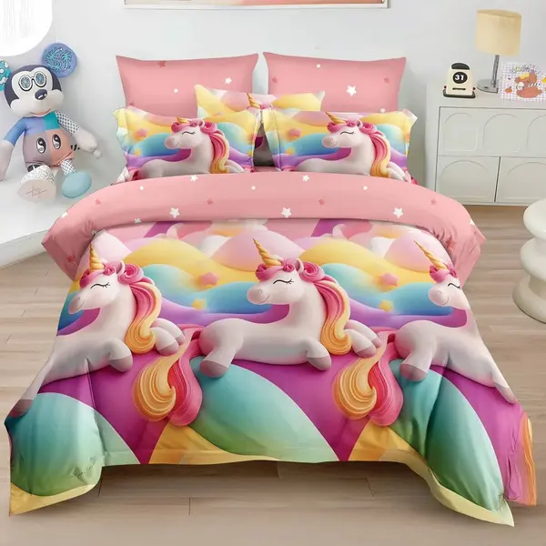 Lenjerie 3D Unicorn curcubeu V1 cu 6 Piese (Finet)