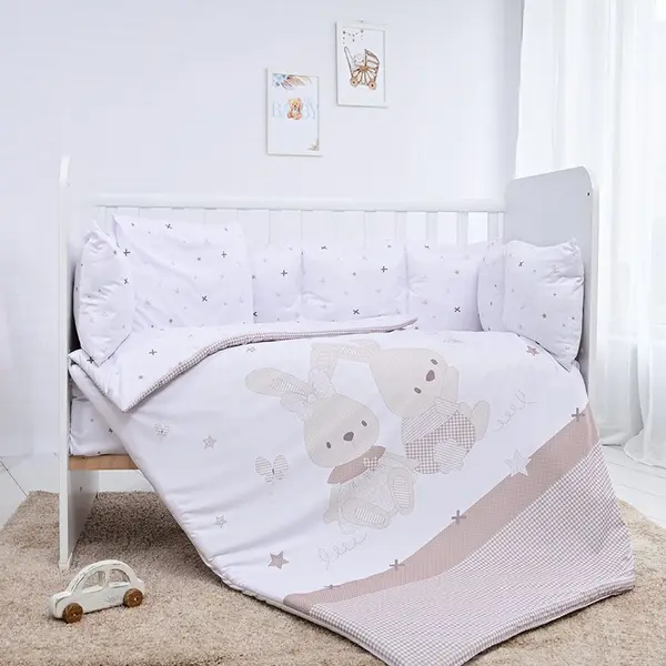 Lenjerie cu 7 piese pentru patut 120x60 cm Lorelli Lily Honey Bunny Beige din bumbac ranforce