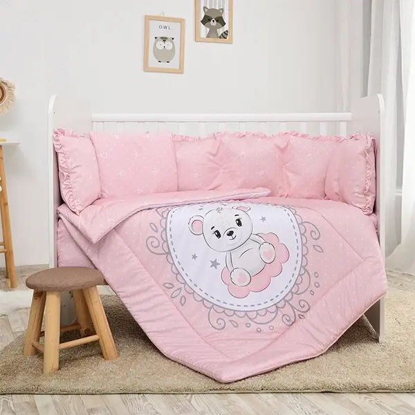Lenjerie cu 7 piese pentru patut 120x60 cm Lorelli Lily Little Bear Pink din bumbac ranforce