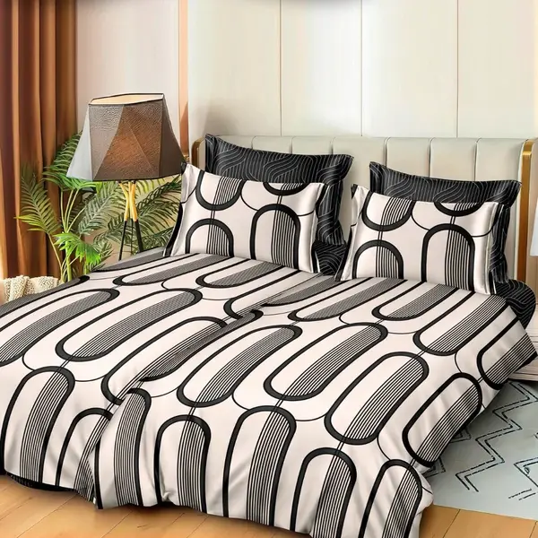 Lenjerie de Pat, 7 Piese, Bumbac Satinat Superior, cu 2 Pilote, Crem, Negru, abstract