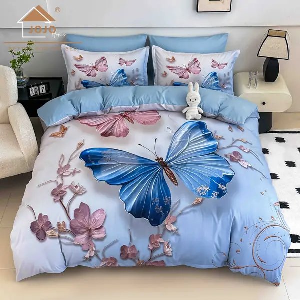 Lenjerie de Pat Bumbac Finet 5D 4 Piese cu Elastic 140x200 , Blue Butterfly
