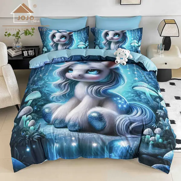 Lenjerie de Pat Bumbac Finet 5D 4 Piese cu Elastic 140x200 , Crystal Unicorn