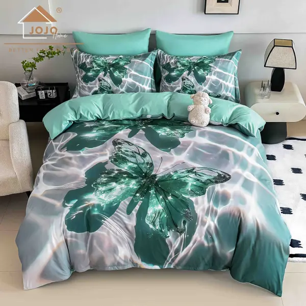 Lenjerie de Pat Bumbac Finet 5D 4 Piese cu Elastic 140x200 , Emerald Butterfly