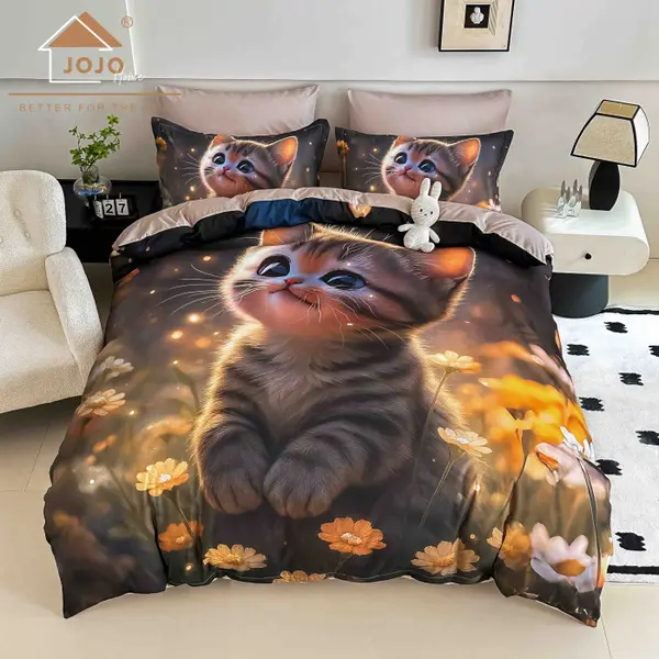 Lenjerie de Pat Bumbac Finet 5D 4 Piese cu Elastic 140x200 , Golden Kitty