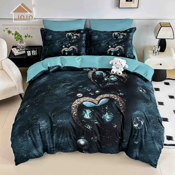 Lenjerie de Pat Bumbac Finet 5D 4 Piese cu Elastic 140x200 , Ocean Heart