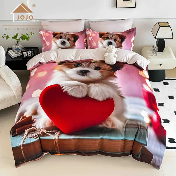Lenjerie de Pat Bumbac Finet 5D 4 Piese cu Elastic 140x200 , Puppy Love