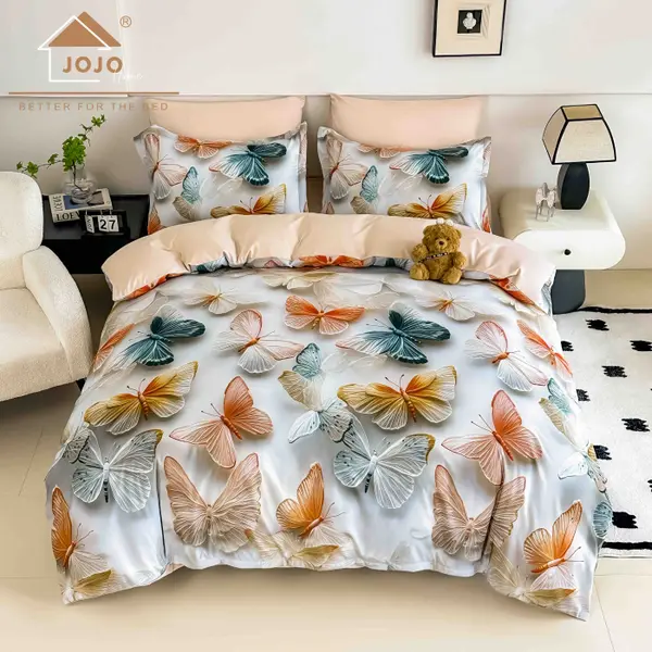 Lenjerie de Pat Bumbac Finet 5D 4 Piese cu Elastic 140x200 , Pastel Butterflies