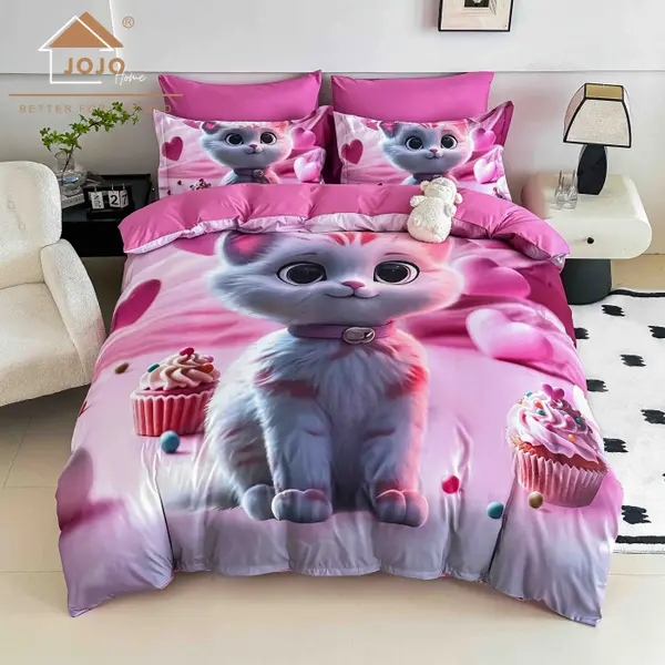 Lenjerie de Pat Bumbac Finet 5D 4 Piese cu Elastic 140x200 , Sweet Kitty