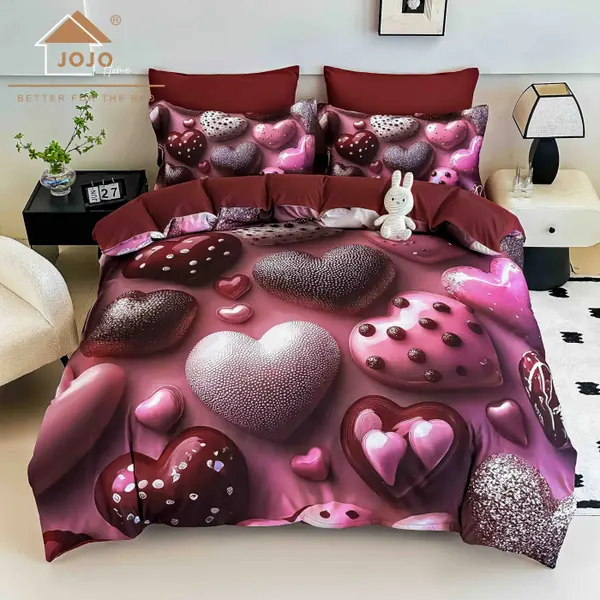 Lenjerie de Pat Bumbac Finet 5D 4 Piese cu Elastic 140x200 , Velvet Heart