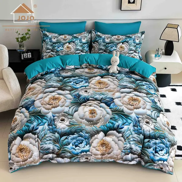 Lenjerie de Pat Bumbac Finet 5D 6 Piese cu Elastic 180x200 , Azure Bloom