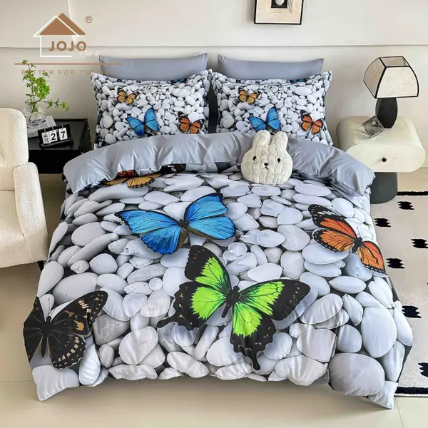 Lenjerie de Pat Bumbac Finet 5D 6 Piese cu Elastic 180x200 , Butterfly Pebbles