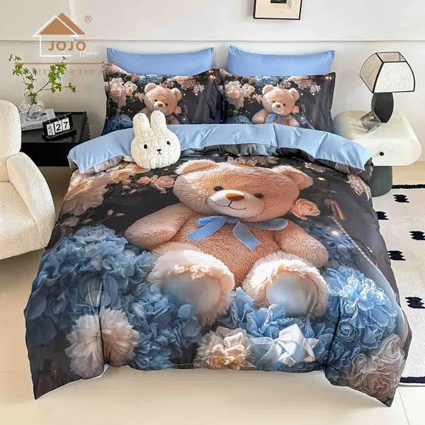 Lenjerie de Pat Bumbac Finet 5D 6 Piese cu Elastic 180x200 , Blue Teddy Dreams