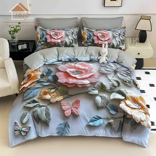 Lenjerie de Pat Bumbac Finet 5D 6 Piese cu Elastic 180x200 , Bloom Grace